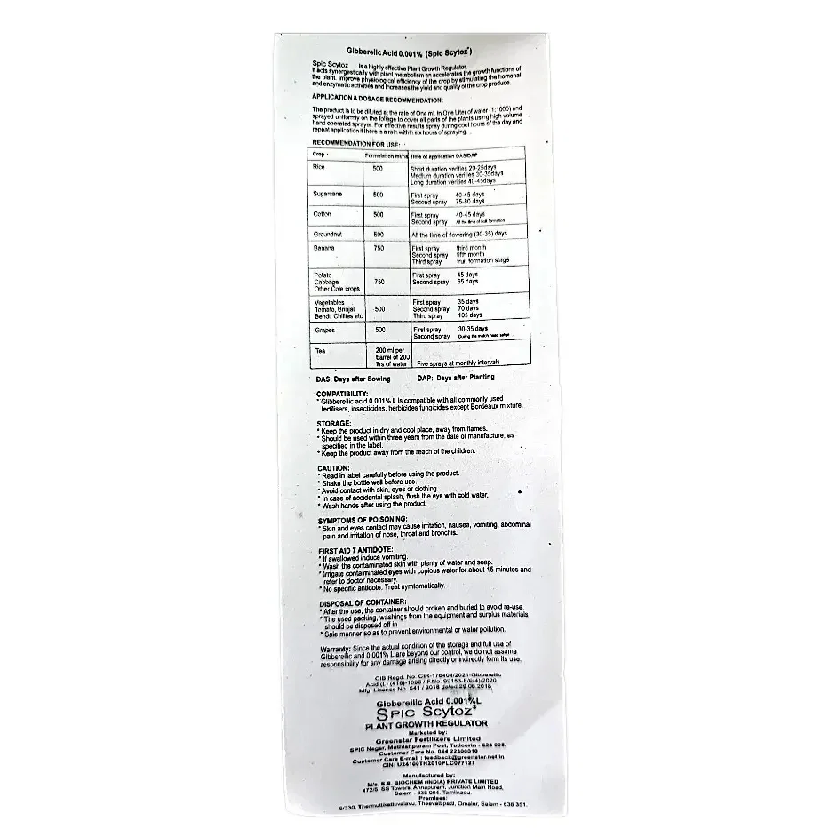 Spic Scytoz (Gibberellic Acid 0.001%L) Plant Growth Regulator