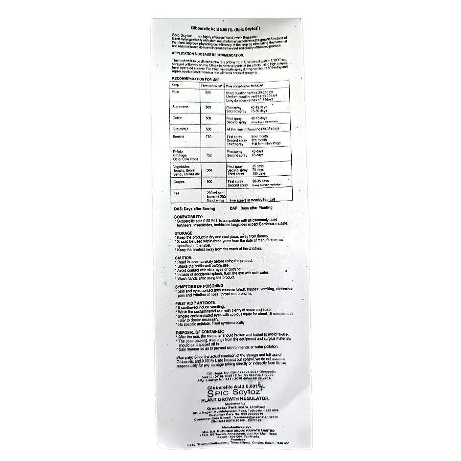 Kisan center Spic Scytoz (Gibberellic Acid 0.001%L) Plant Growth Regulator