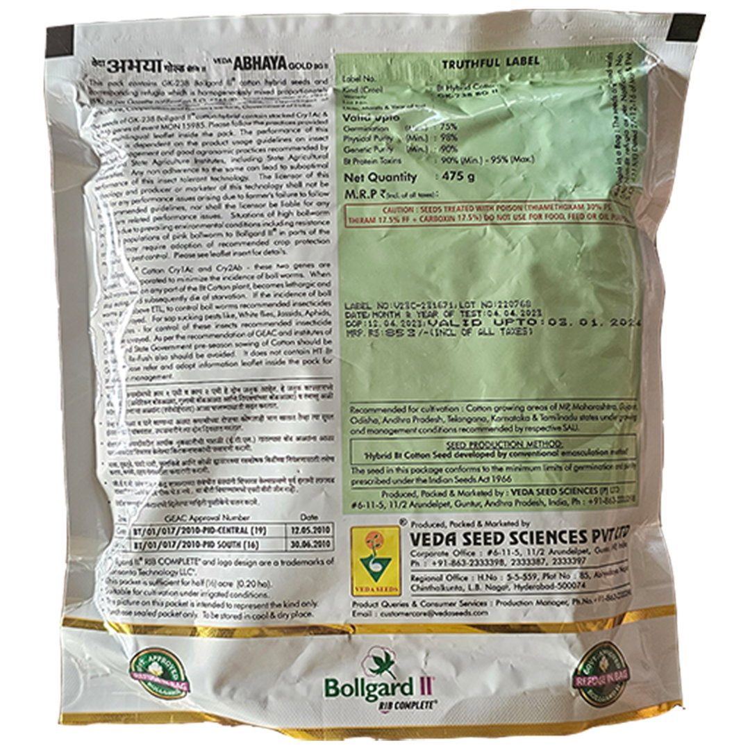 Veda Abhaya Gold, GK 238 BG II cotton seeds, Veda Seeds Abhaya Gold, GK 238 BG2 price, buy Veda cotton seeds online, Abhaya Gold cotton seed yield, Veda GK 238 specifications, high yield BG2 cotton seeds