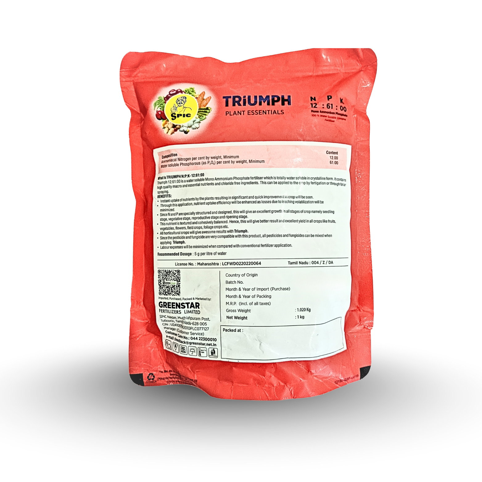 Kisan center Spic Triumph NPK 12:61:00 (Mono Ammonium Phosphate, 100% Water Soluble Complex Fertiliser)